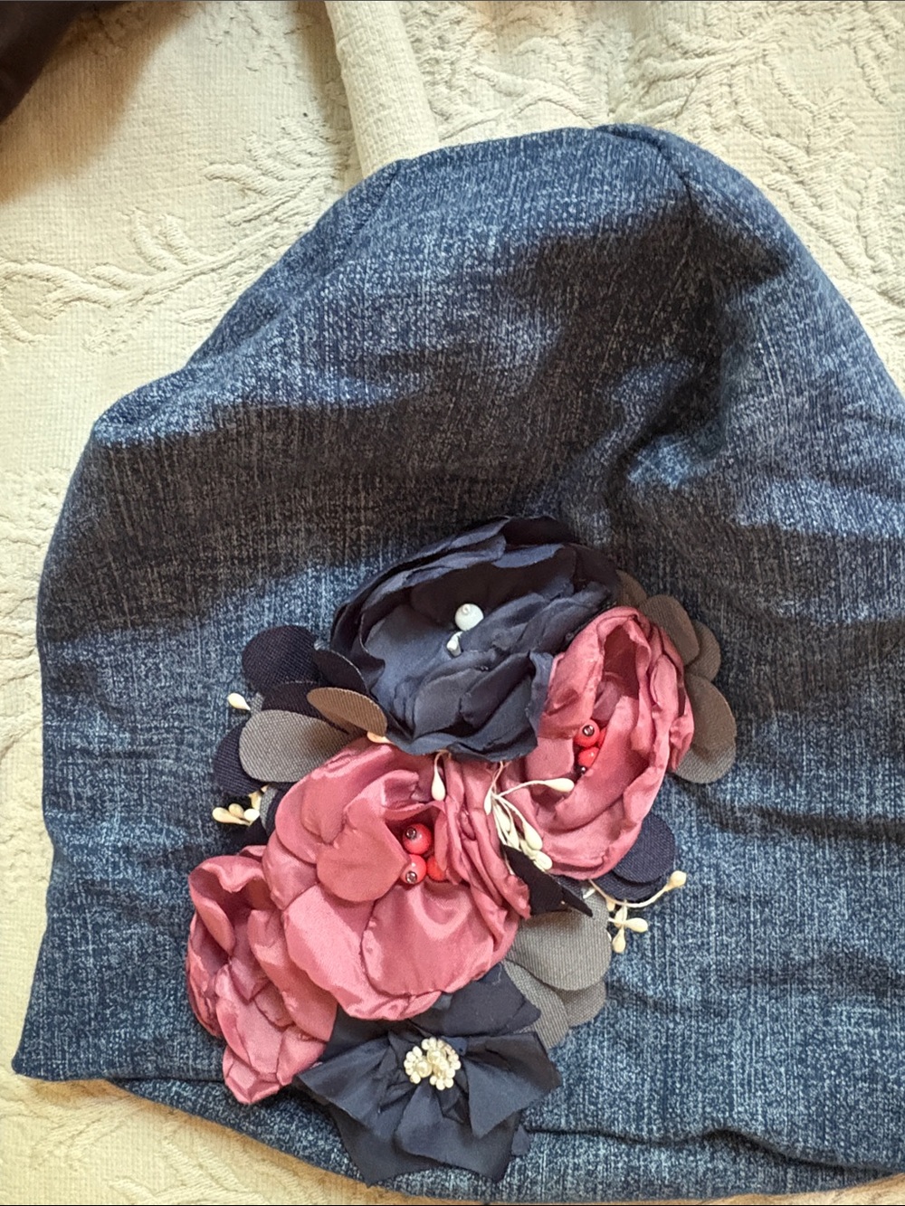 Women's Blue Floral Appliqué Beanie Hat with Pink Accents